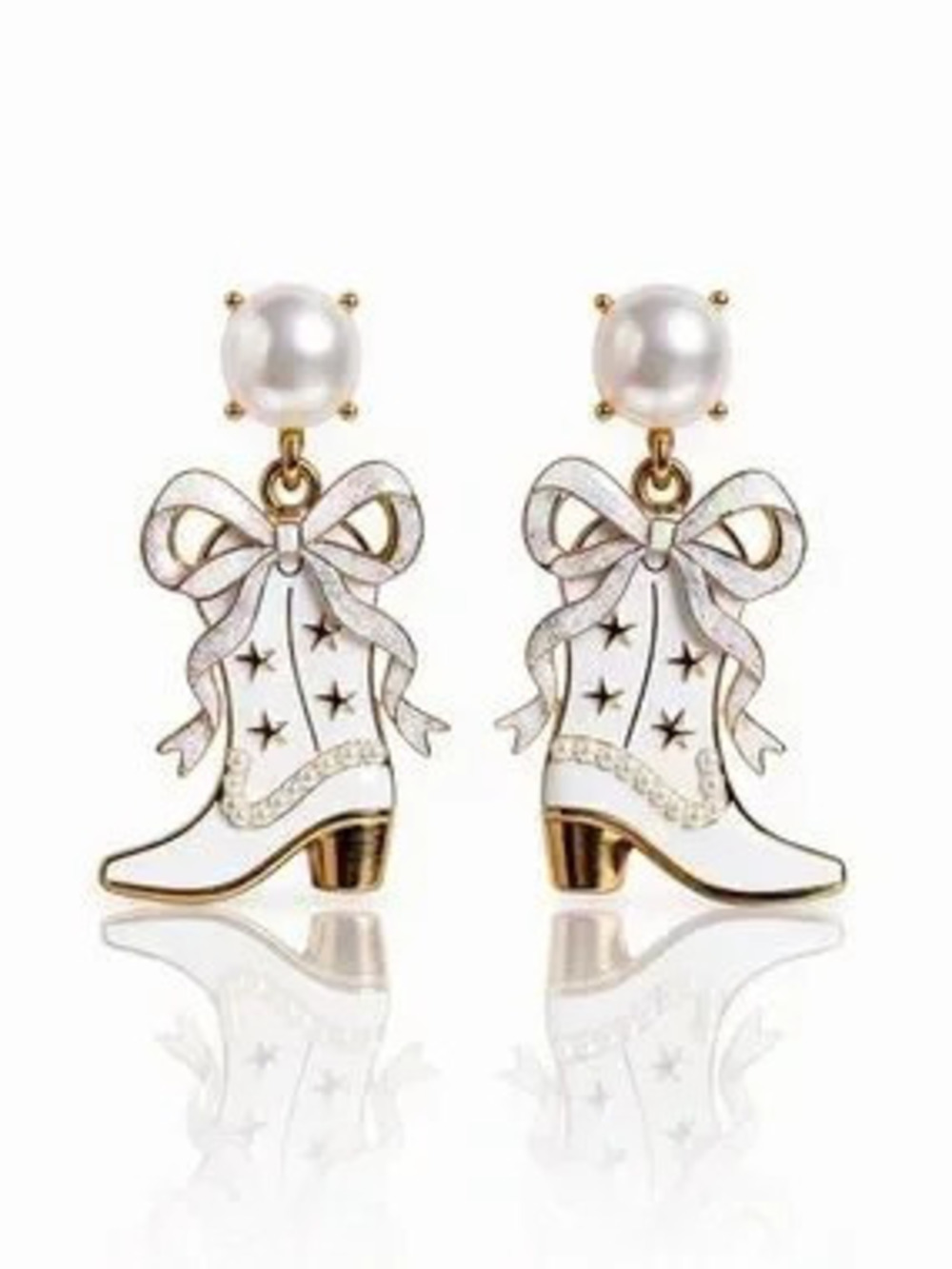 Pearl Top White Enamel Cowboy Boot Drop Earrings - Women Jewelry